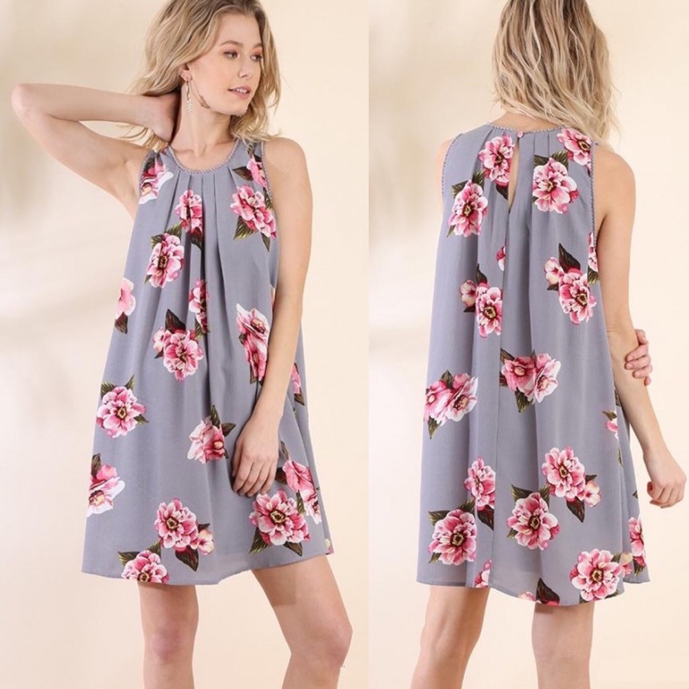 Gray and Pink Floral Print Sleeveless Dress - Picture 2 of 2
